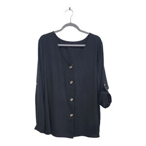 Basic Office V-Neck Button Down Black Size XL